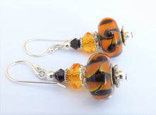 Load image into Gallery viewer, Orange &amp; Black Swirl Art Glass Earrings on Sterling Silver Hooks
