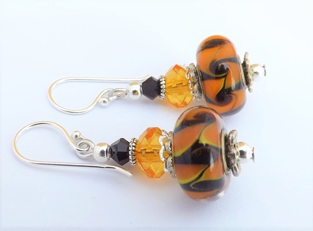 Orange & Black Swirl Art Glass Earrings on Sterling Silver Hooks