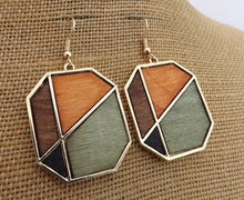 Load image into Gallery viewer, Orange, Black, Green &amp; Gold Tone Wood &amp; Metal Drop Earrings
