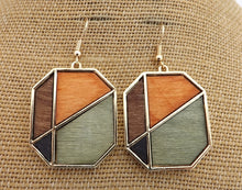 Load image into Gallery viewer, Orange, Black, Green &amp; Gold Tone Wood &amp; Metal Drop Earrings
