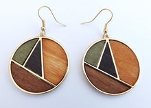 Load image into Gallery viewer, Orange, Black, Green &amp; Gold Tone Wood &amp; Metal Drop Earrings
