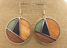 Load image into Gallery viewer, Orange, Black, Green &amp; Gold Tone Wood &amp; Metal Drop Earrings
