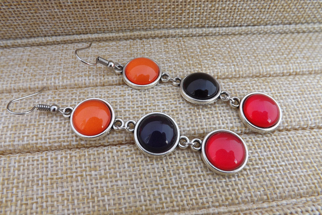 Orange, Black & Red Triple Drop Dome Earrings