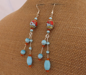 Orange & Blue Ulexite Handmade Long Bead Earrings