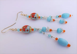 Orange & Blue Ulexite Handmade Long Bead Earrings