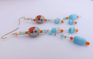 Orange & Blue Ulexite Handmade Long Bead Earrings