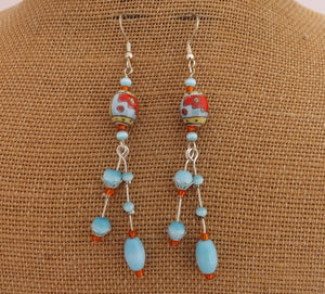 Orange & Blue Ulexite Handmade Long Bead Earrings