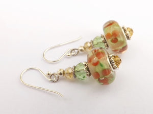 Orange & Green Art Glass Bead Earrings on Sterling Silver Hooks