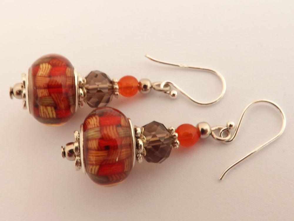 Orange & Grey Acrylic Bead Earrings on Sterling Silver Hooks