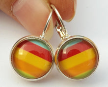 Load image into Gallery viewer, Orange &amp; Red Stripes - Silver Tone Dome Earrings on Lever Back Hooks
