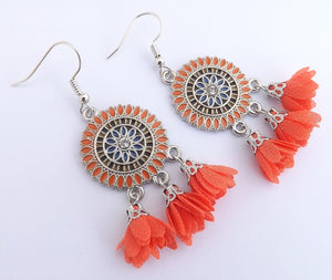 Silver Tone Chandelier Earrings with Flower Posy Tassel Drops (multiple colour options)