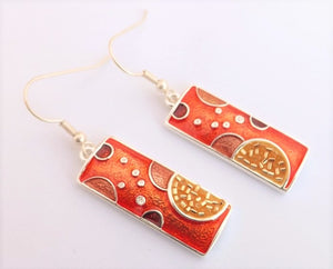 Orange & Silver Tone Rectangle Earrings