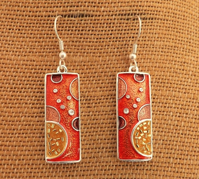 Orange & Silver Tone Rectangle Earrings