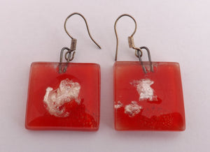Orange & Silver Vintage Glass Square Drop Earrings