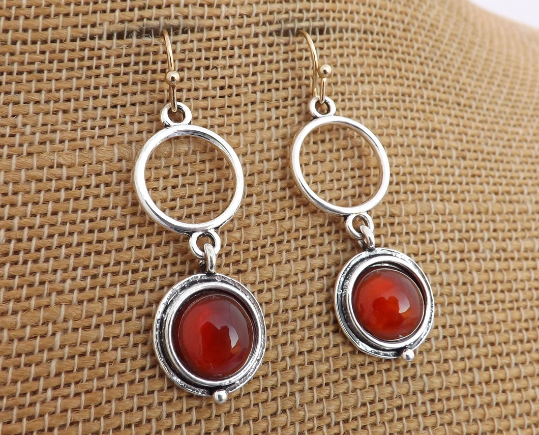 Orange, Silver & Gold Tone Round Drop Earrings