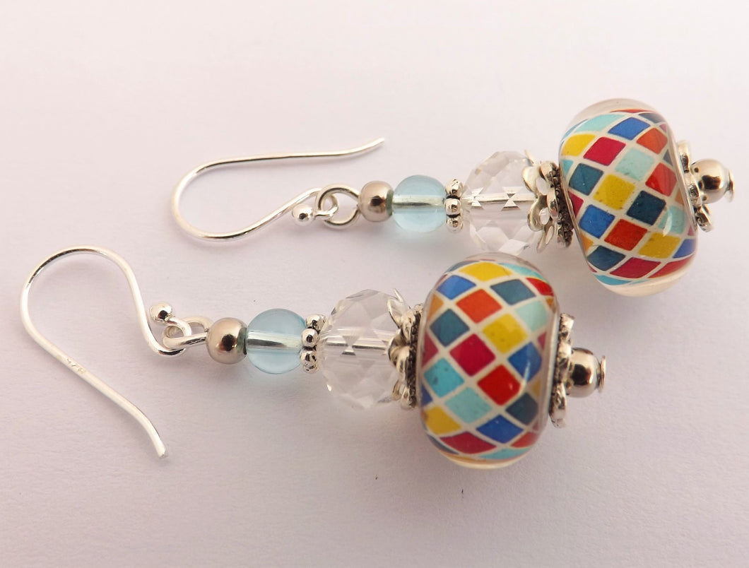Orange, Yellow & Blue Checkers Acrylic Bead Earrings on Sterling Silver Hooks