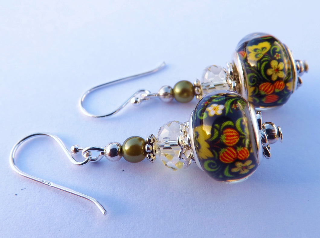 Orange & Yellow on Black Acrylic Bead Earrings