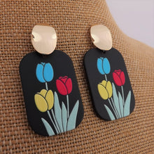 Load image into Gallery viewer, Pastel Blue, Red, Yellow &amp; Green Tulip Flower Acrylic Earrings
