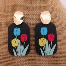 Load image into Gallery viewer, Pastel Blue, Red, Yellow &amp; Green Tulip Flower Acrylic Earrings
