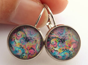 Pastel Pattern on Black Handmade Dome Earrings on Lever Back Hooks