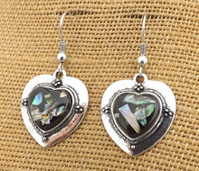 Load image into Gallery viewer, Paua Chips on Black, Heart Drop Earrings or Necklace
