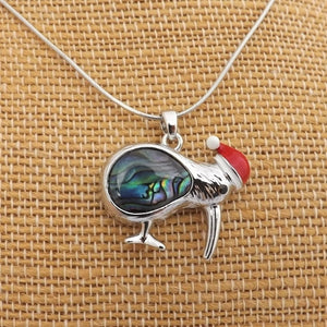 Paua Kiwi Pendant Necklace with Christmas Santa Hat