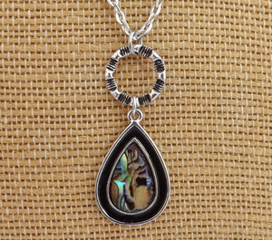 Paua, Black & Silver Tone Teardrop Pendant Necklace