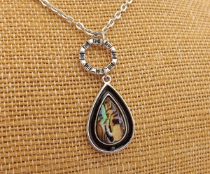 Paua, Black & Silver Tone Teardrop Pendant Necklace