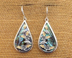 Paua, Gold & Silver Tone Floral Teardrop Earrings