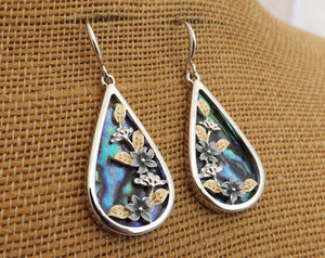 Paua, Gold & Silver Tone Floral Teardrop Earrings