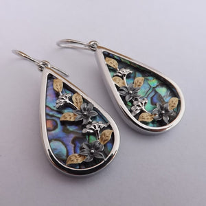 Paua, Gold & Silver Tone Floral Teardrop Earrings