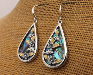 Paua, Gold & Silver Tone Floral Teardrop Earrings