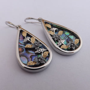 Paua, Gold & Silver Tone Floral Teardrop Earrings