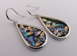 Paua, Gold & Silver Tone Floral Teardrop Earrings