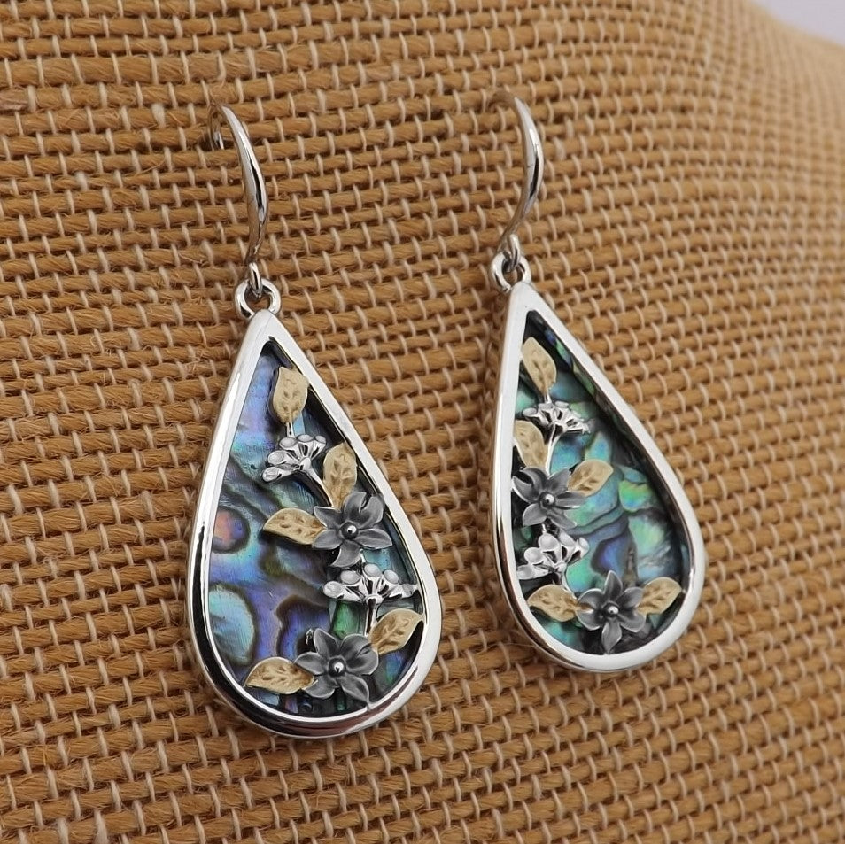 Paua, Gold & Silver Tone Floral Teardrop Earrings