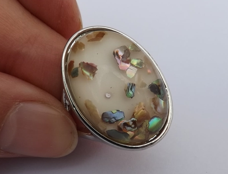 Paua & Mother of Pearl Chips on White, Oval Chunky Ring (size 10)