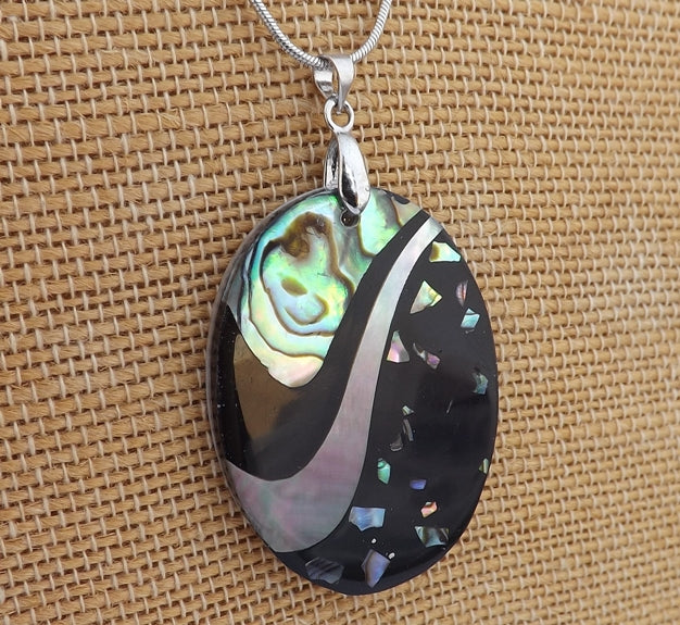 Paua & Mother of Pearl on Black, Pendant Necklace on Silver Tone Snake Chain