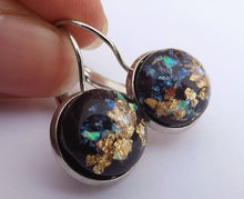 Load image into Gallery viewer, Paua &amp; Rose Gold Style Flecks on Black, Earrings on Lever Back Hooks
