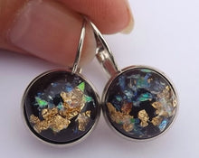 Load image into Gallery viewer, Paua &amp; Rose Gold Style Flecks on Black, Earrings on Lever Back Hooks
