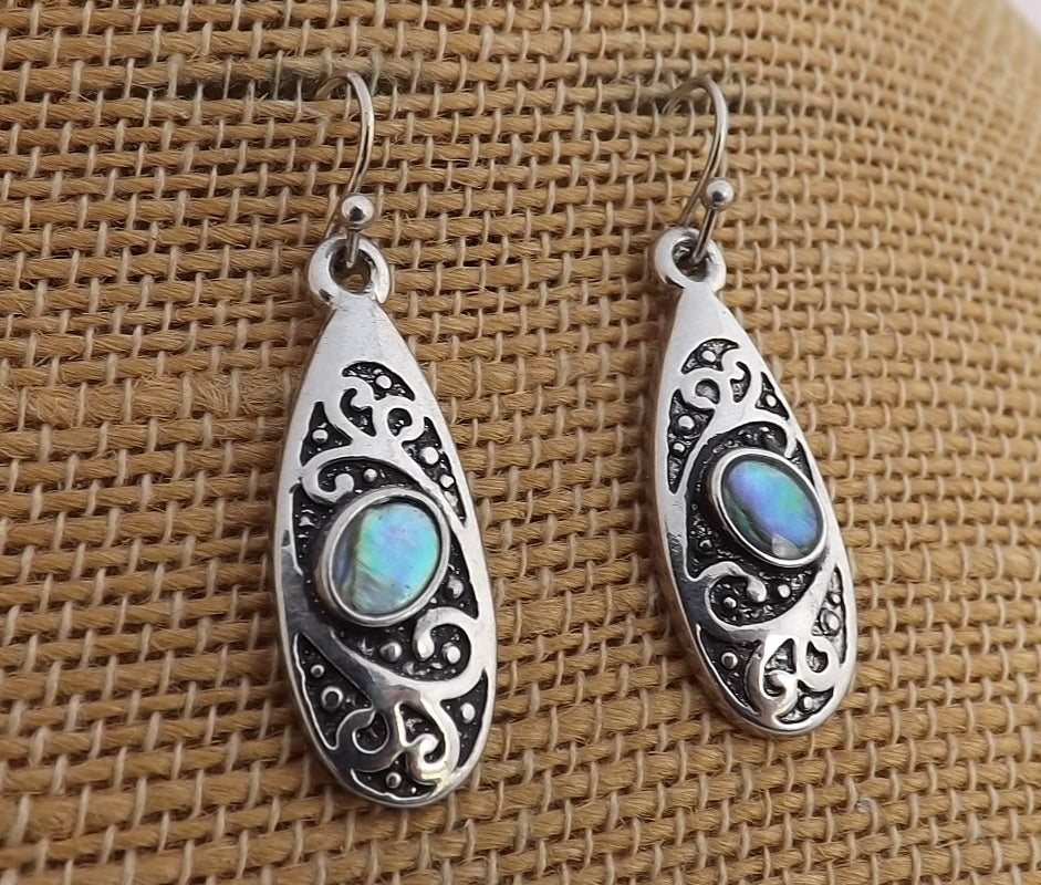 Paua & Silver Tone Oval Teardrop Earrings