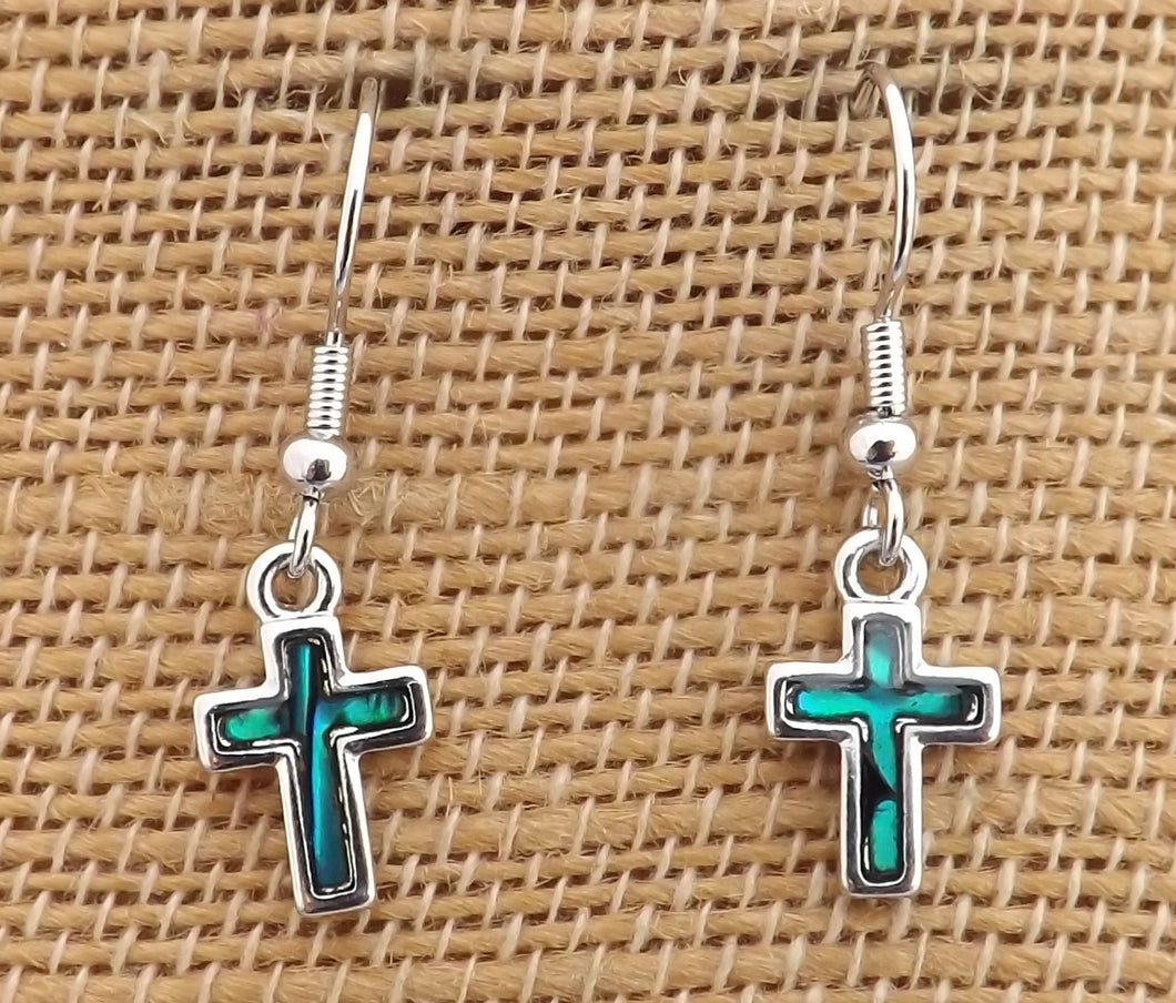 Paua & Silver Toned Cross Earrings