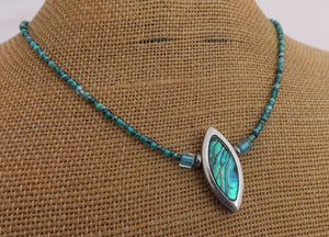 Paua & Silver Toned Kayak Pendant, Teal Bead Necklace