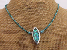 Load image into Gallery viewer, Paua &amp; Silver Toned Kayak Pendant, Teal Bead Necklace
