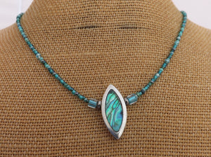 Paua & Silver Toned Kayak Pendant, Teal Bead Necklace