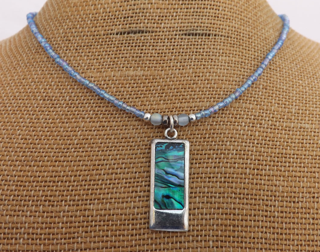 Paua & Silver Toned Pendant,  Cobalt Blue Bead Necklace