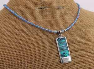 Paua & Silver Toned Pendant,  Cobalt Blue Bead Necklace