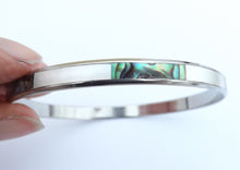 Load image into Gallery viewer, Paua, White Mother of Pearl &amp; Silver Tone Bangle Bracelet
