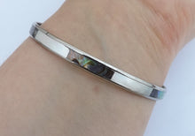 Load image into Gallery viewer, Paua, White Mother of Pearl &amp; Silver Tone Bangle Bracelet
