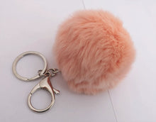 Load image into Gallery viewer, Peach Pink Fluffy Pompom Silver Tone Key Ring with Purse Clip
