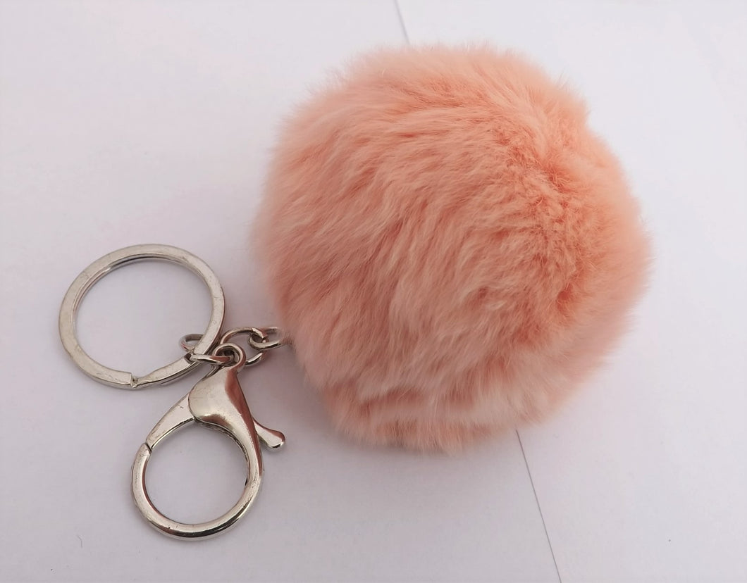 Peach Pink Fluffy Pompom Silver Tone Key Ring with Purse Clip